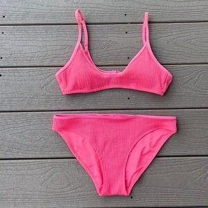 Aerie Pink Scoop Bikini Swimsuit Set Size Medium Ribbed 2 PC Swimwear